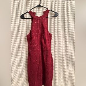 Red Lace & Sequins Halter Dress